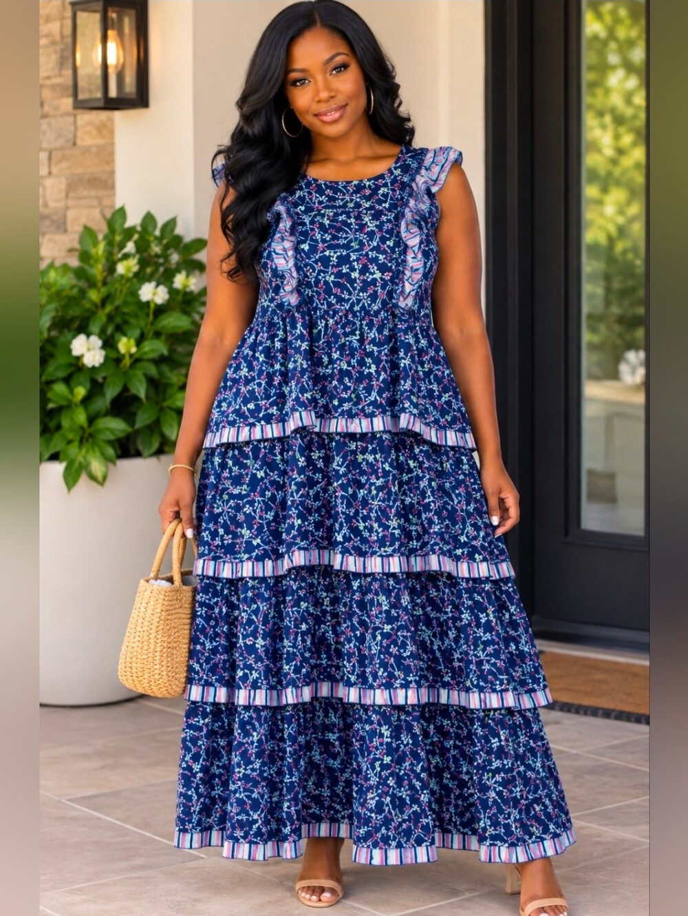 NEW!! Simply Southetn Navy Floral Tiered Ruffle Maxi Dress, Sz XXL, NWT